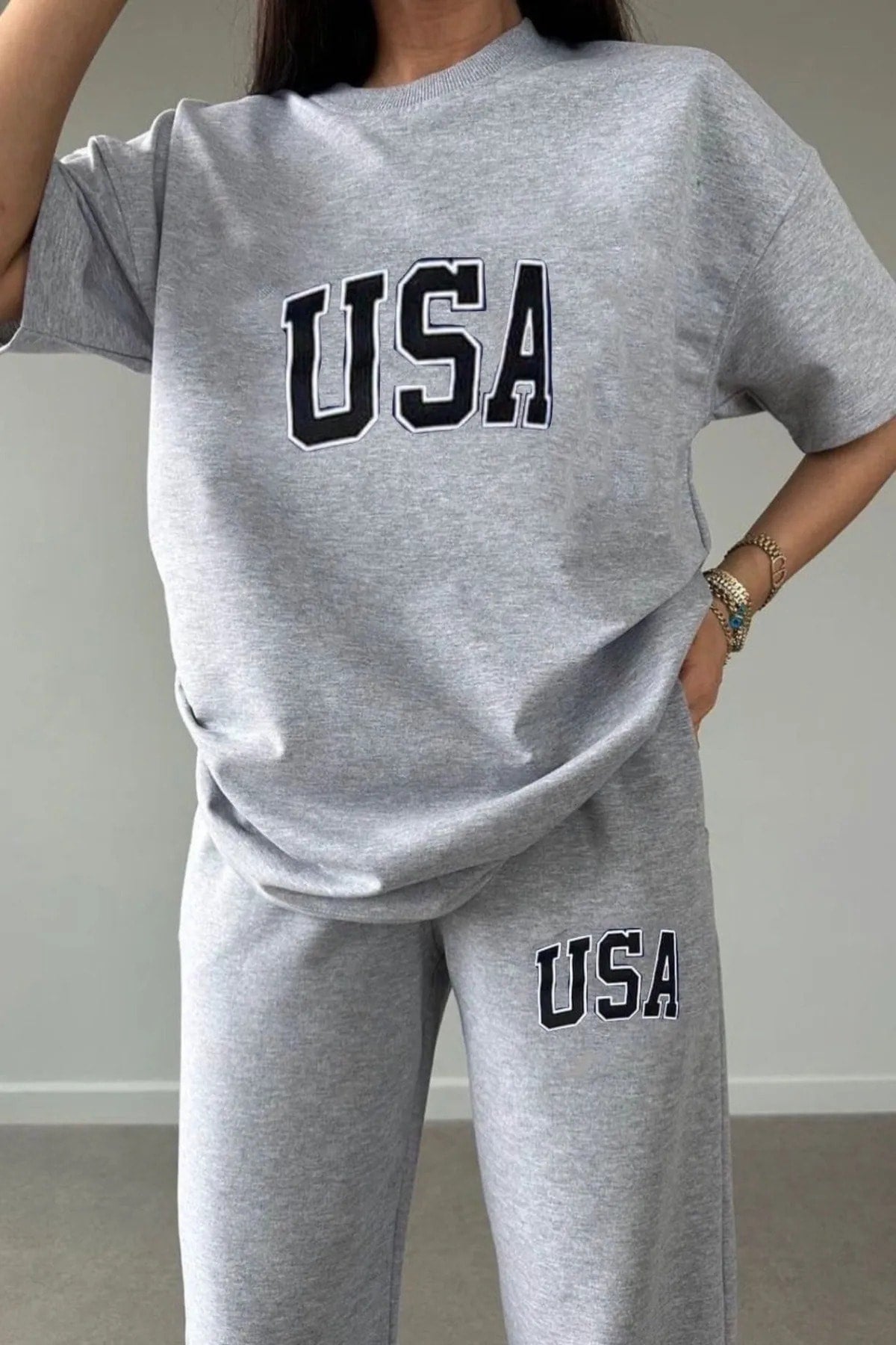 Usa T-shirt Sweatpants Jogger- Gray Printed Bottom Top Tracksuit Suit Oversize Crew Neck