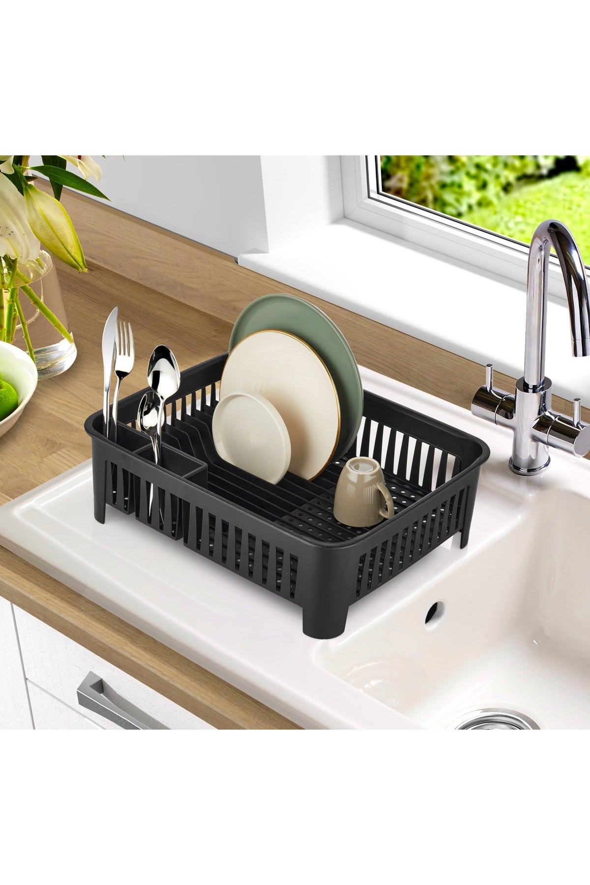 092 Matte Black Countertop Dish Rack With Cutlery Compartment, Smart Plate Rack