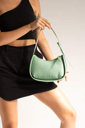 Women'S Crocodile Patterned Mint Green Baguette Bag