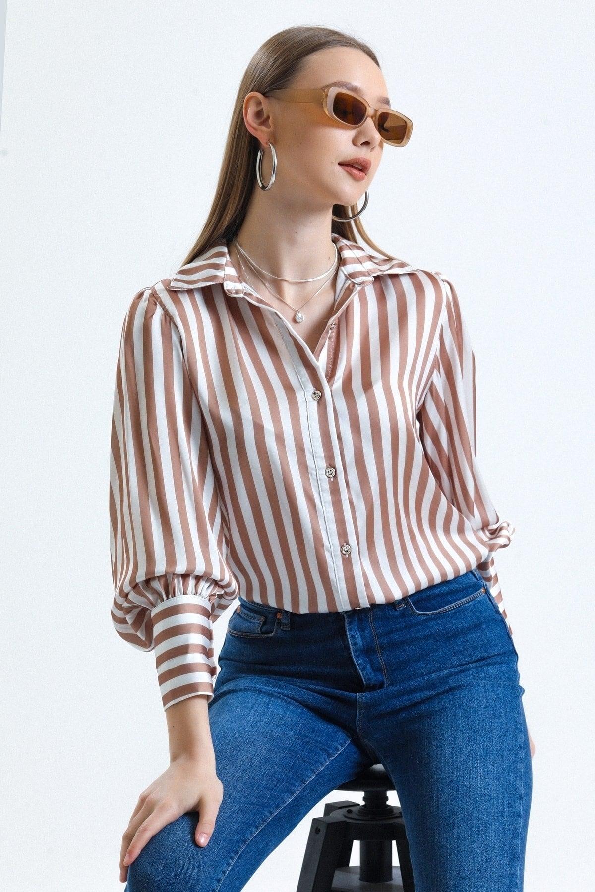 Women's Coffee Balloon Sleeve Ruffle Detailed Oversize Striped Satin Shirt - Swordslife