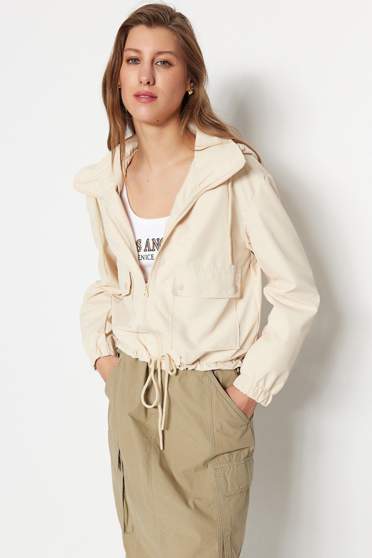 Beige Oversize Hooded Rain Coat TWOSS23MO00020 - Swordslife