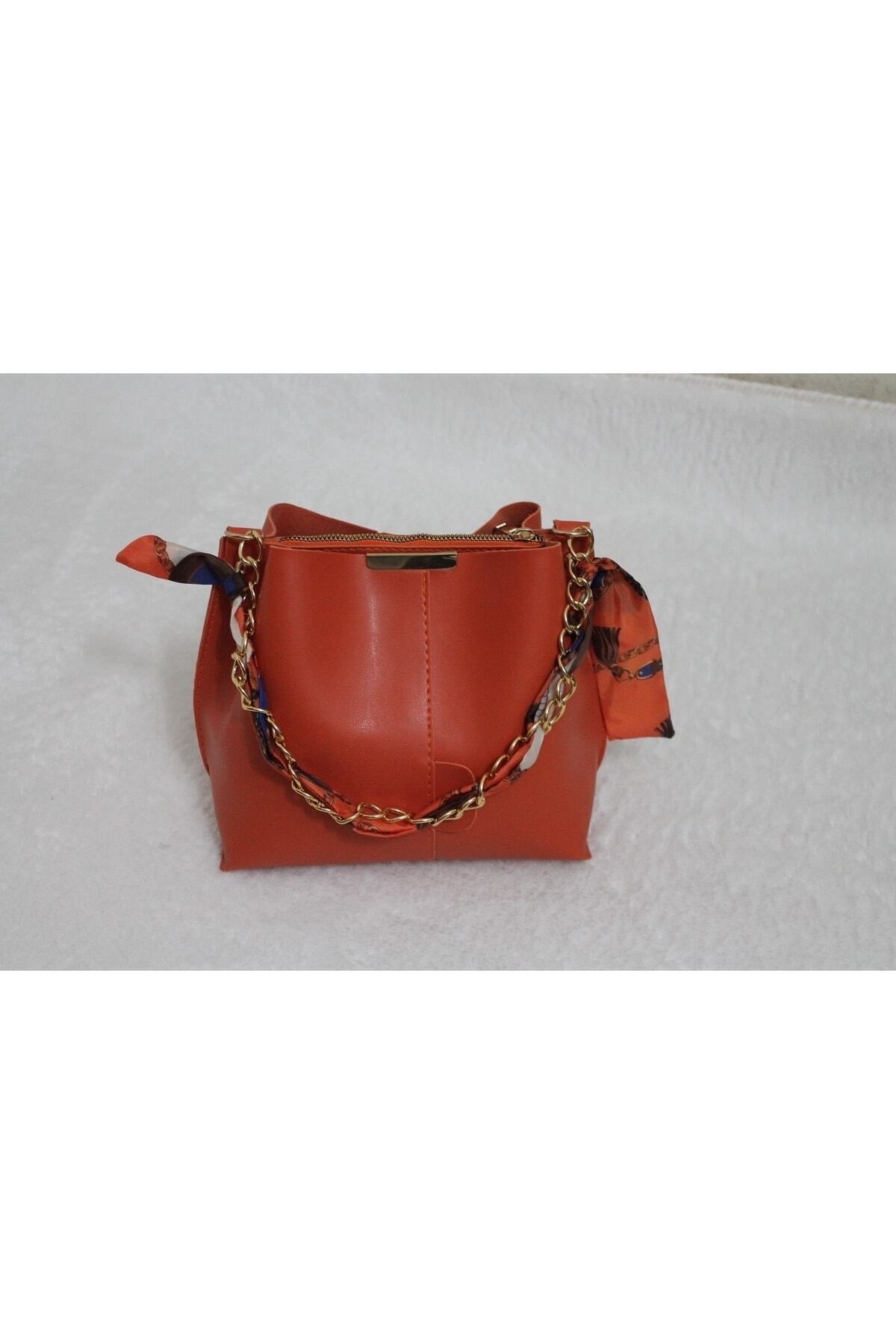 Women'S Orange Scarf Chain Accessory Soft Leather 3-Compartment Hand, Arm And Shoulder Bag