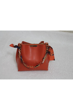 Women'S Orange Scarf Chain Accessory Soft Leather 3-Compartment Hand, Arm And Shoulder Bag