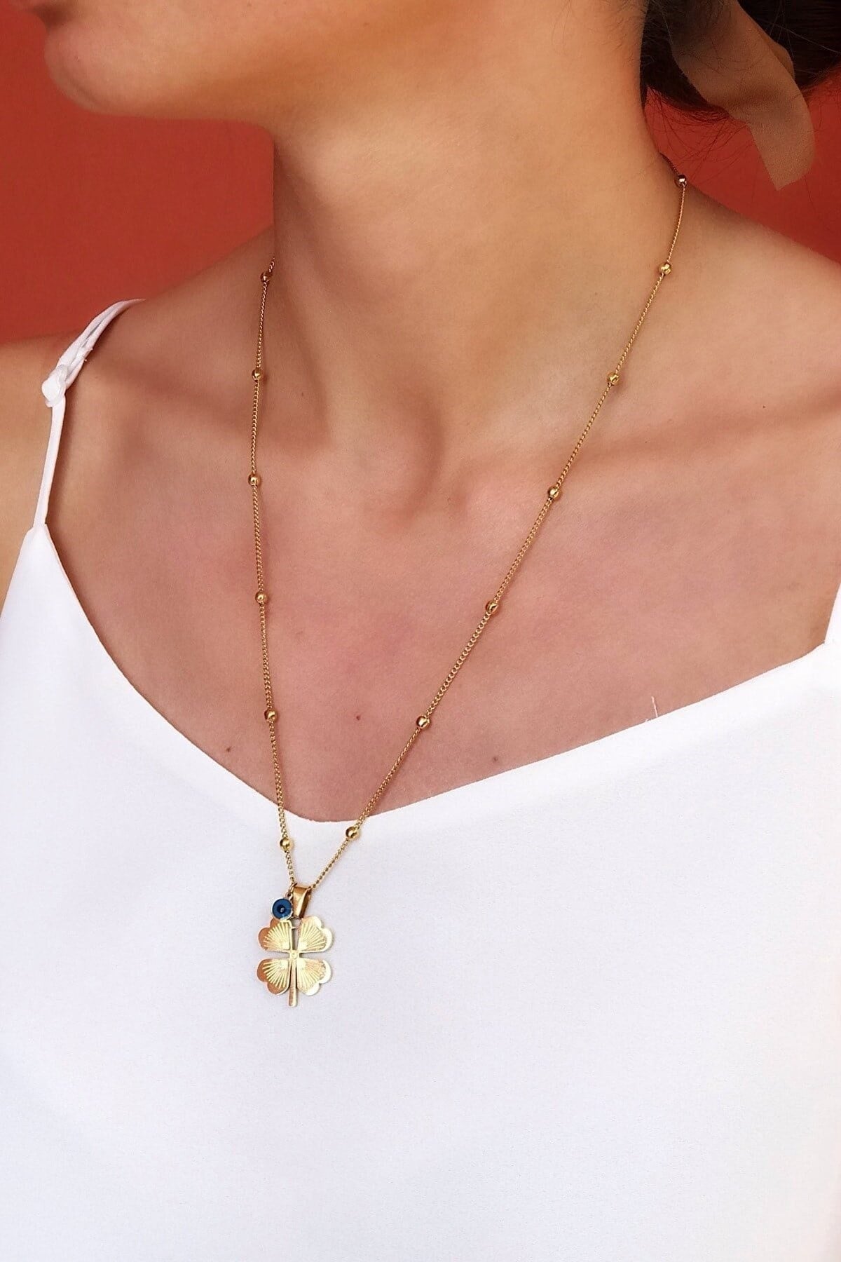 Gold Color 4 Leaf Clover Long Barley Necklace