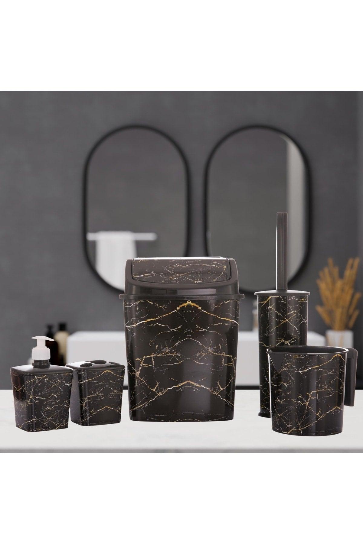 Bathroom Set 5 Pcs. Trash Can Wc Toilet Brush Cup Soap Dispenser Brush Holder 5 Pcs. Black Marble Patterned - Swordslife