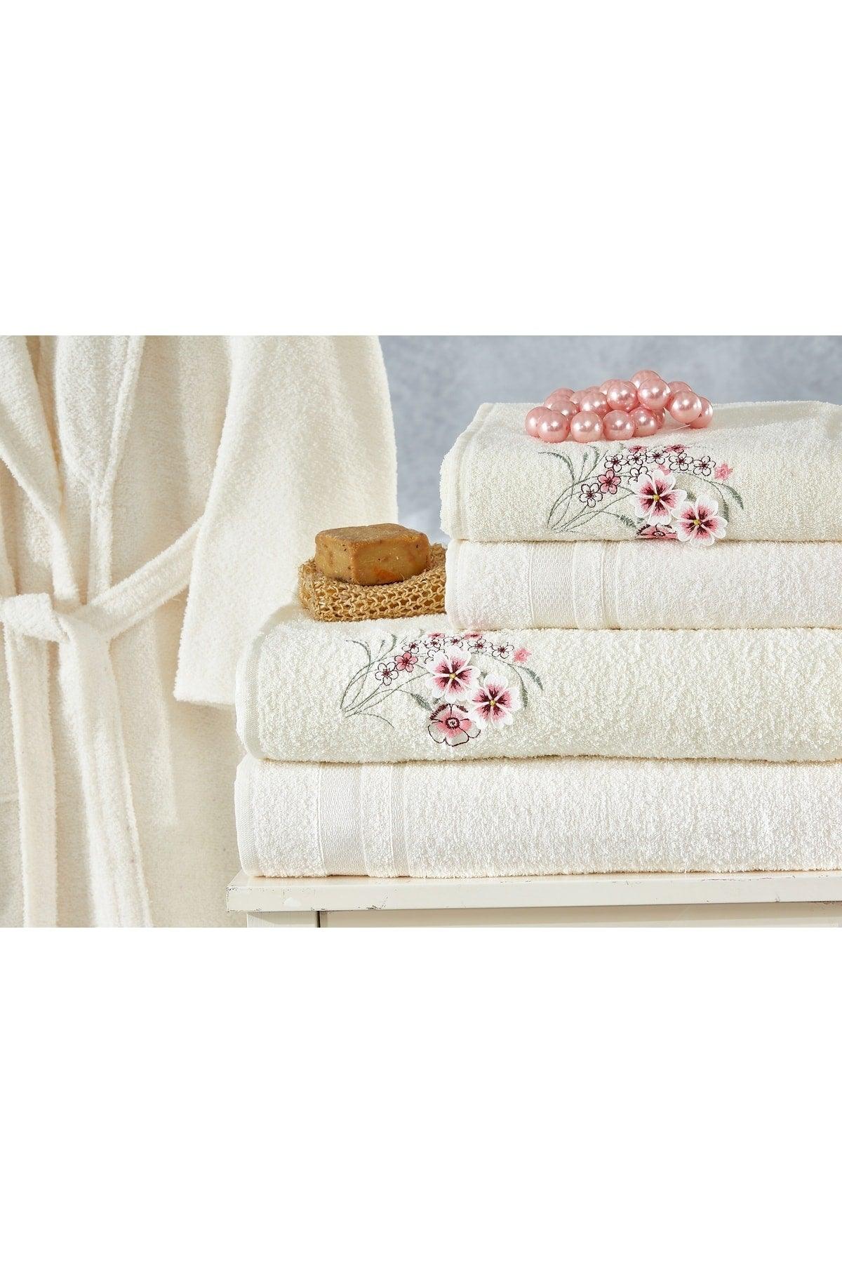 Family Embroidered Cream & Cream Family Bathrobe Set 6 Pieces Dowry Women Men Bathrobe Bath Towel Set - Swordslife