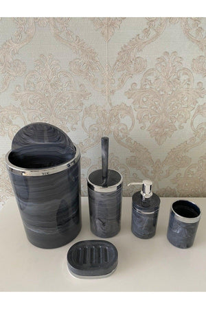 5 Pieces Marble Pattern Silver Bathroom Set / Wc Brush Holder, Liquid - Solid Soap Dispenser, Trash Can, Toothbrush Holder - Swordslife