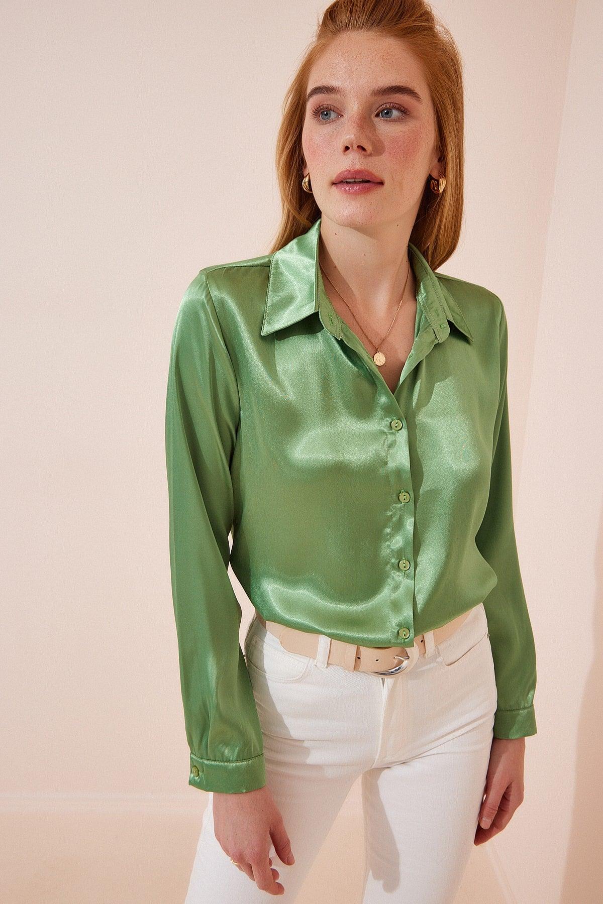 Women's Pistachio Green Lightly Flowy Satin Shirt DD00990 - Swordslife