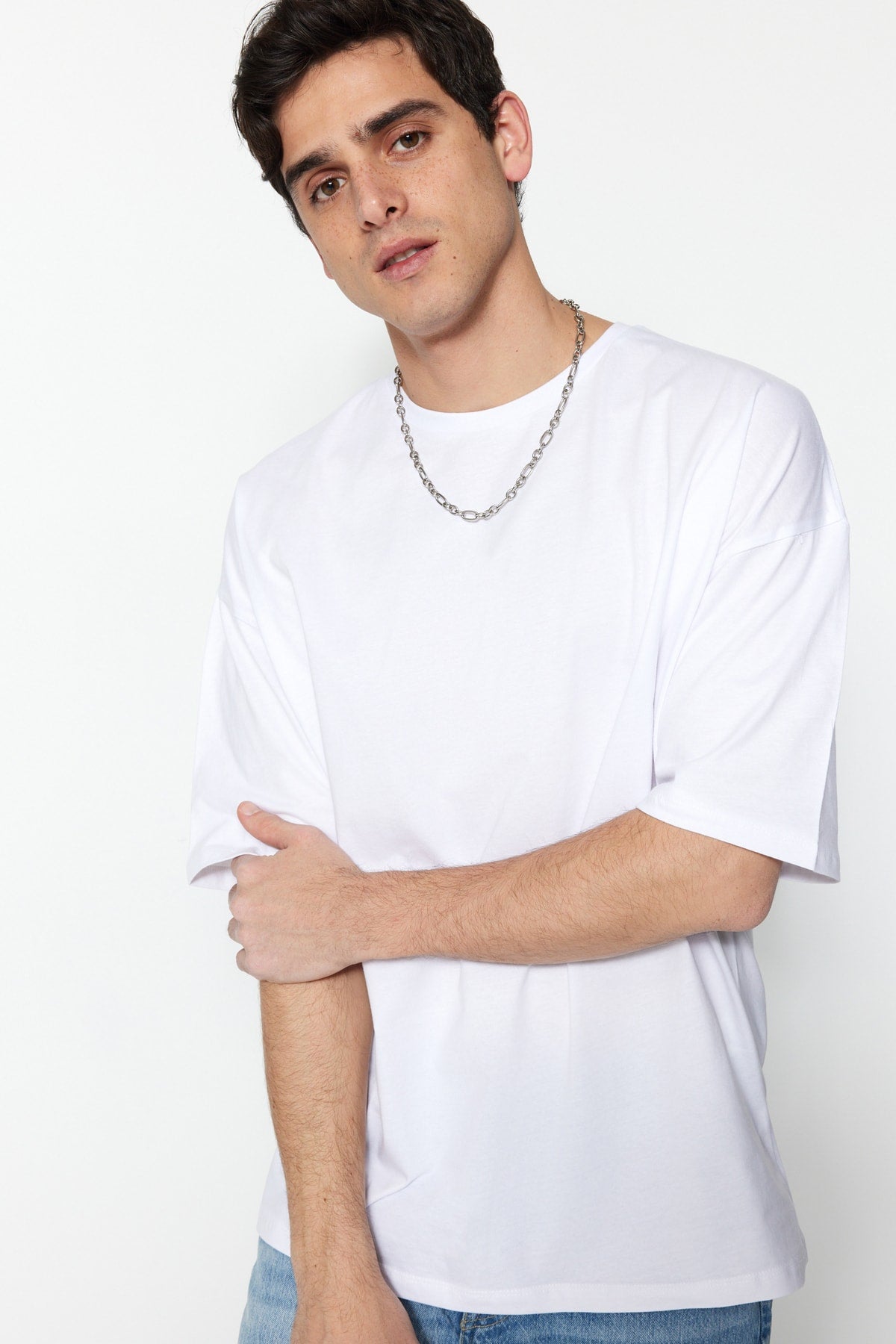 White Men'S Oversize Basic Crew Neck Short Sleeved 100% Cotton T-Shirt Tmnss22Ts0318