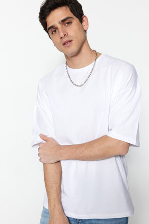 White Men'S Oversize Basic Crew Neck Short Sleeved 100% Cotton T-Shirt Tmnss22Ts0318