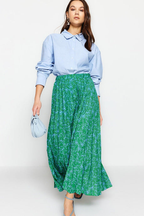 Green Floral Patterned Pleated Elastic Waist Knitted Skirt TCTSS23EE00018 - Swordslife