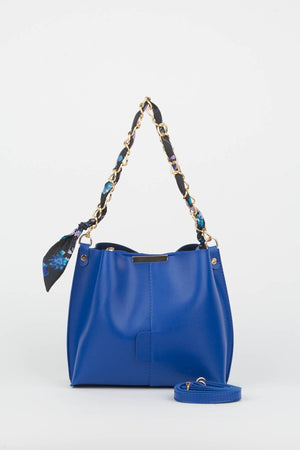 Women'S Sax Blue Scarf Chain Accessory Soft Leather 3-Compartment Hand, Arm And Shoulder Bag