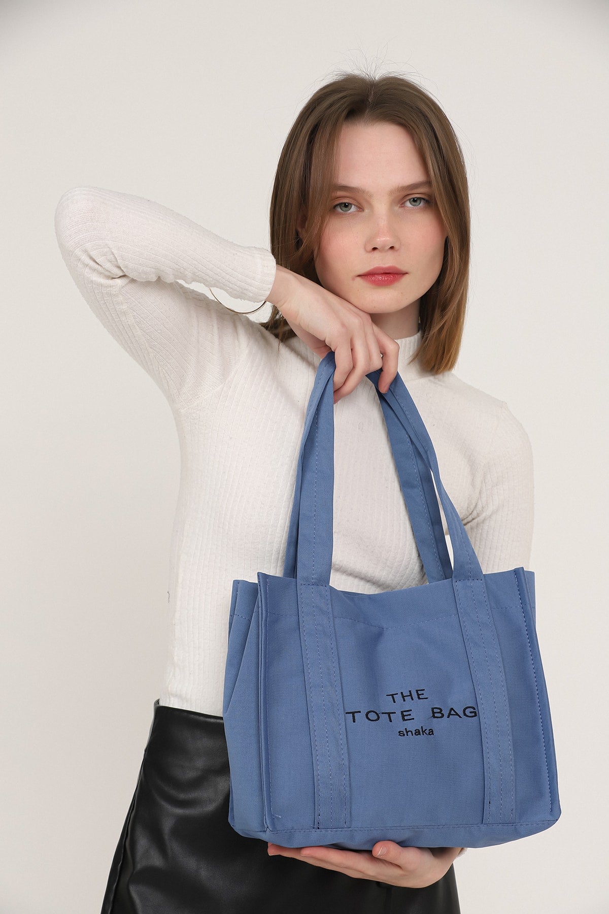 Indigo U45 Snap Closure The Tote Bag Embroidered Canvas Fabric Casual Women'S Arm And Shoulder Bag 25X