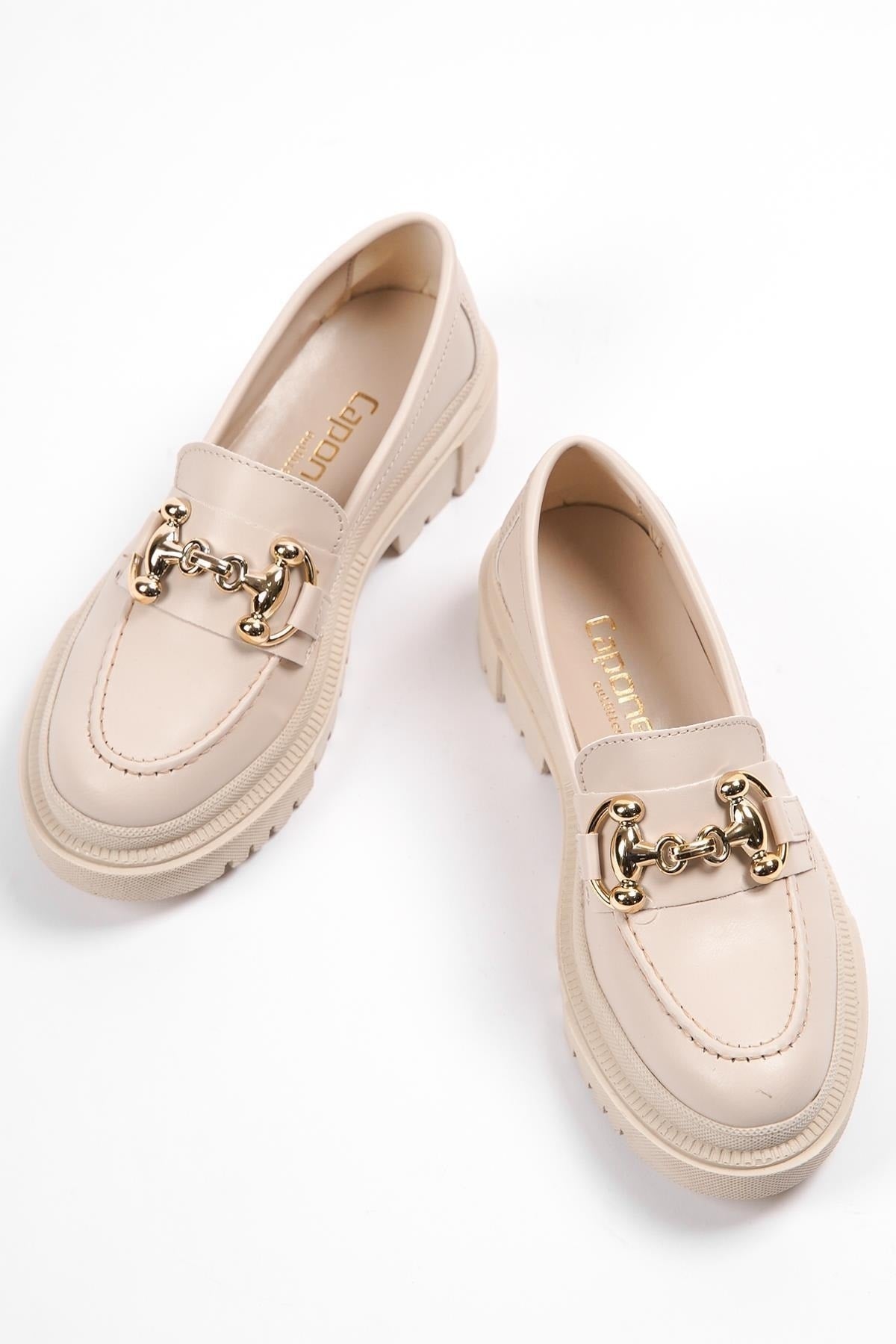 Capone Oval Toe Metal Buckle Trak Sole Ecru Beige Women'S Loafers
