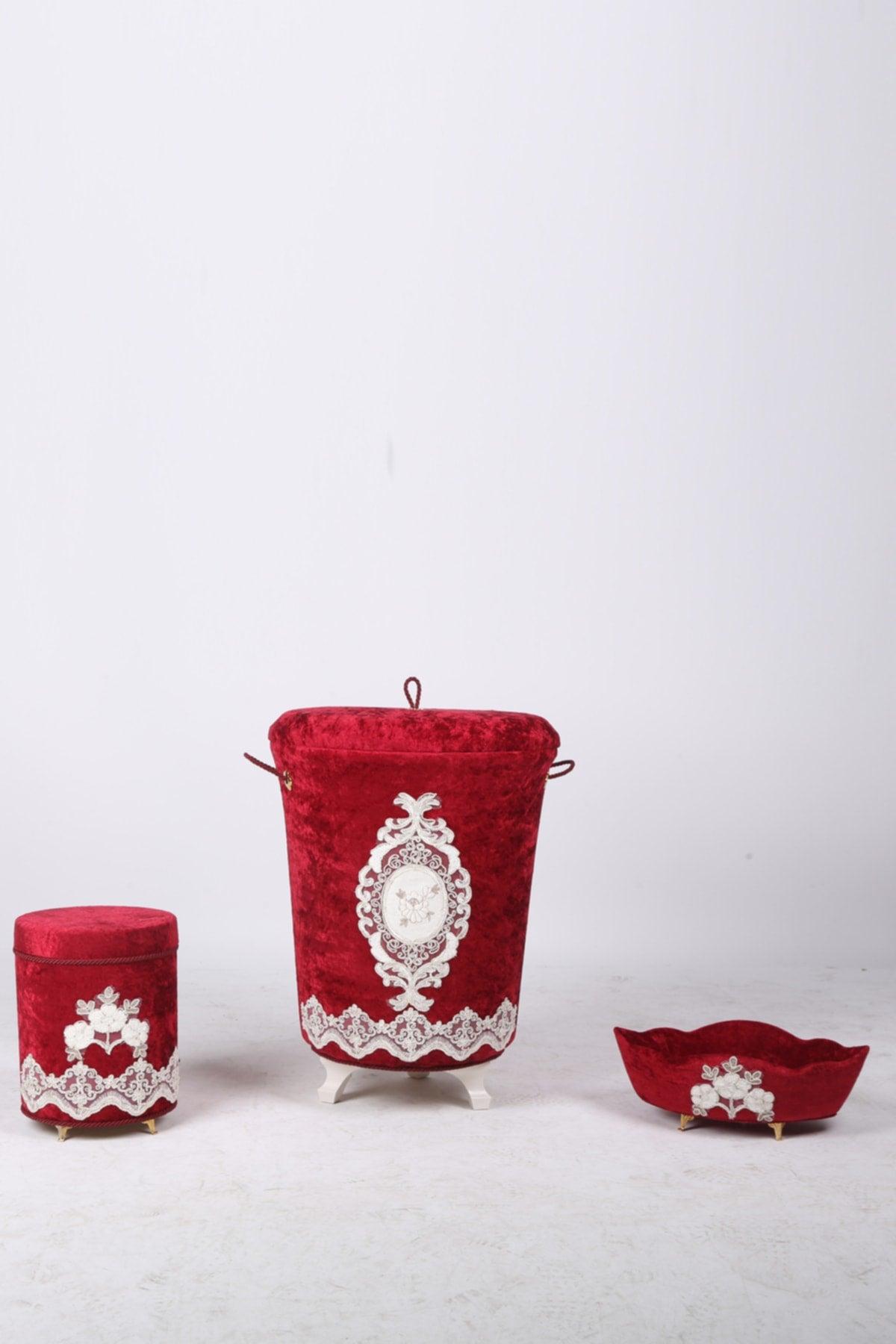 Lisa Claret Red 3 Pcs Velvet Dowry Lacy Bathroom Dirty Laundry Basket Set | Bathroom Set - Swordslife