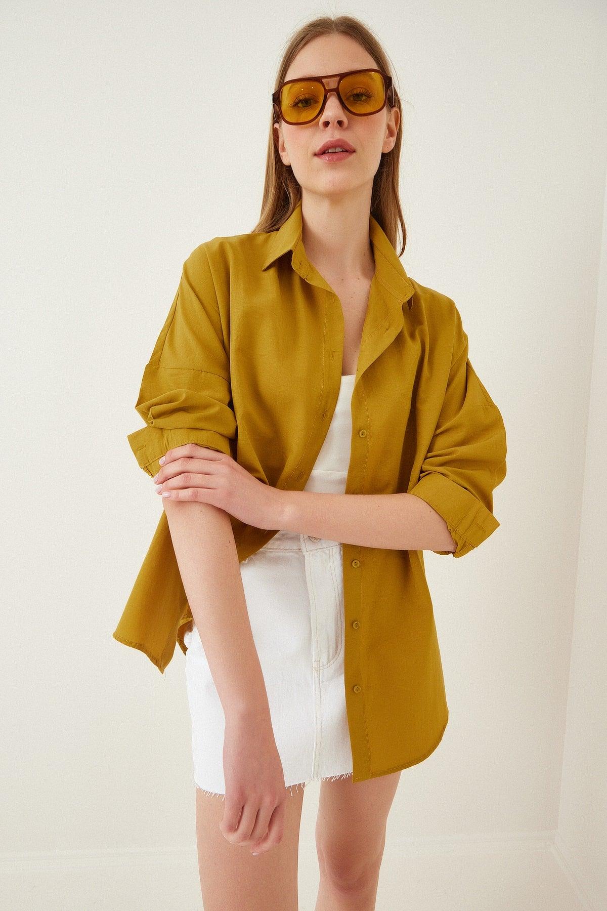 Women's Mustard Oversize Long Basic Shirt DD00842 - Swordslife