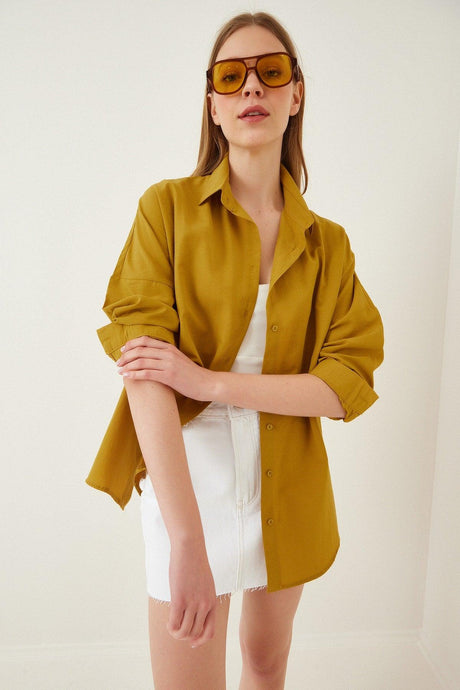 Women's Mustard Oversize Long Basic Shirt DD00842 - Swordslife