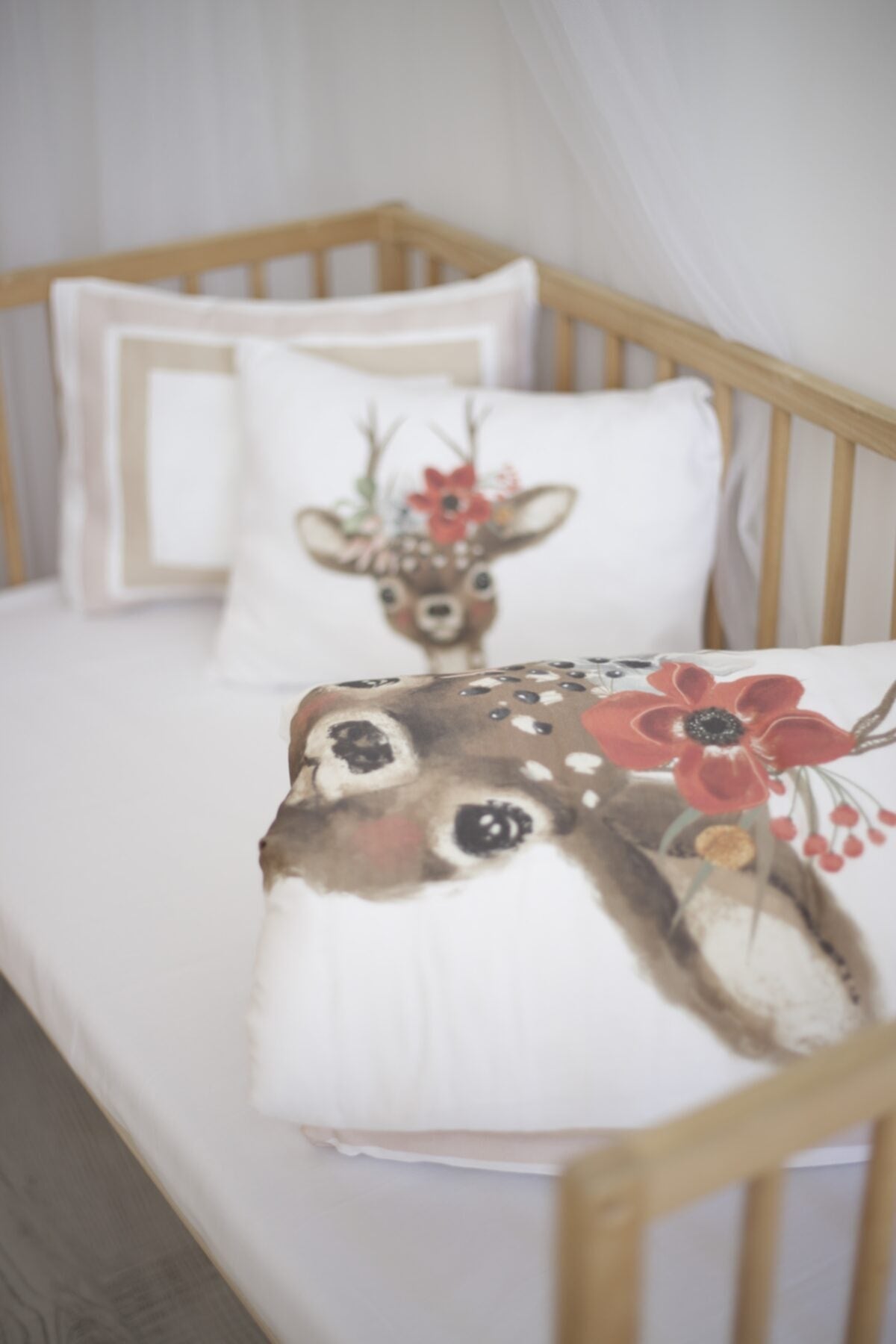 Organic Printed Cotton Satin Baby Duvet Cover Set - Deer And Flower Themed