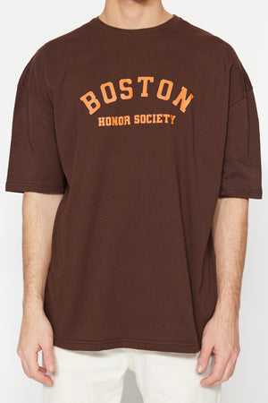 Brown Men'S Oversize Crew Neck Short Sleeve City Printed 100% Cotton T-Shirt Tmnss21Ts1217