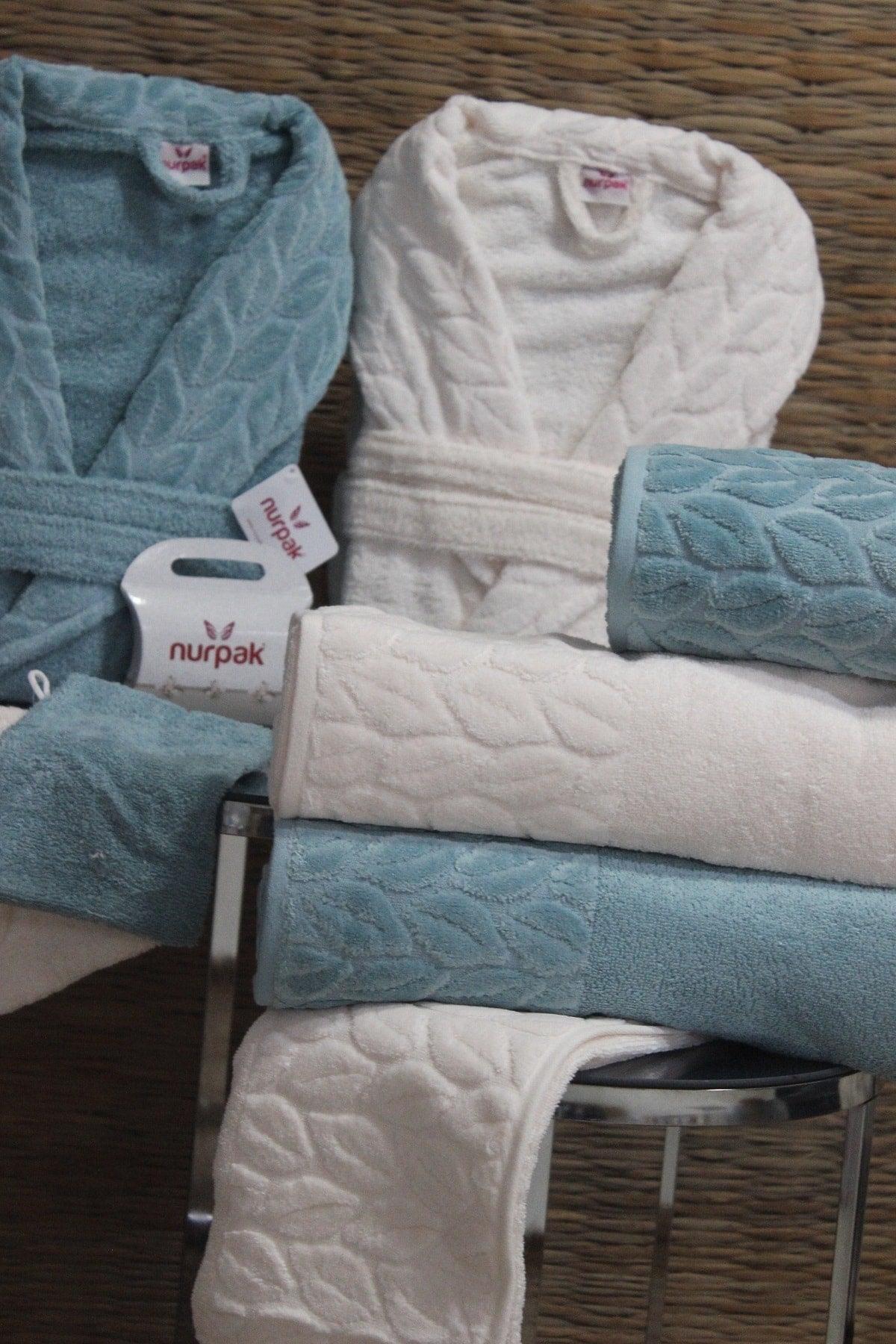 Family Bathrobe Set Set 8 Pieces 100% Cotton Cream-petroleum - Swordslife