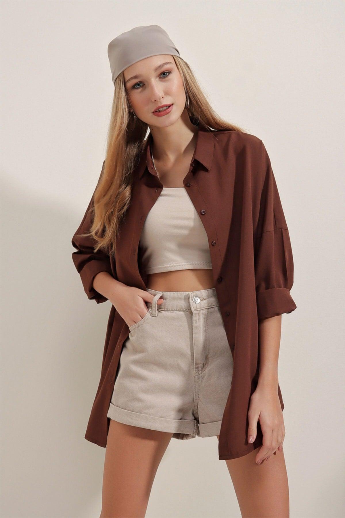 3900 Oversize Long Basic Shirt - Brown - Swordslife