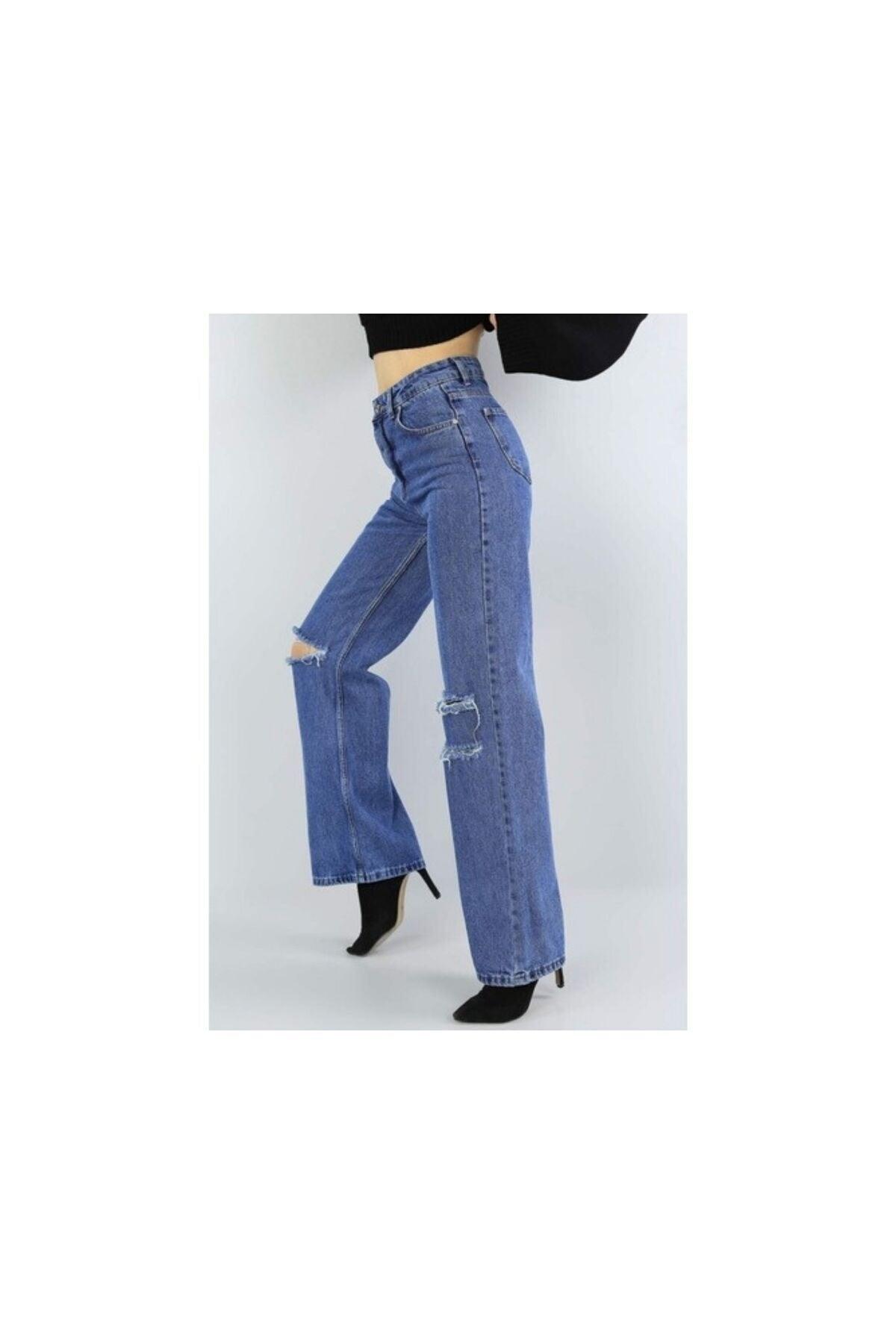 Blue Ripped Palazzo Jeans Denim Trousers - Swordslife
