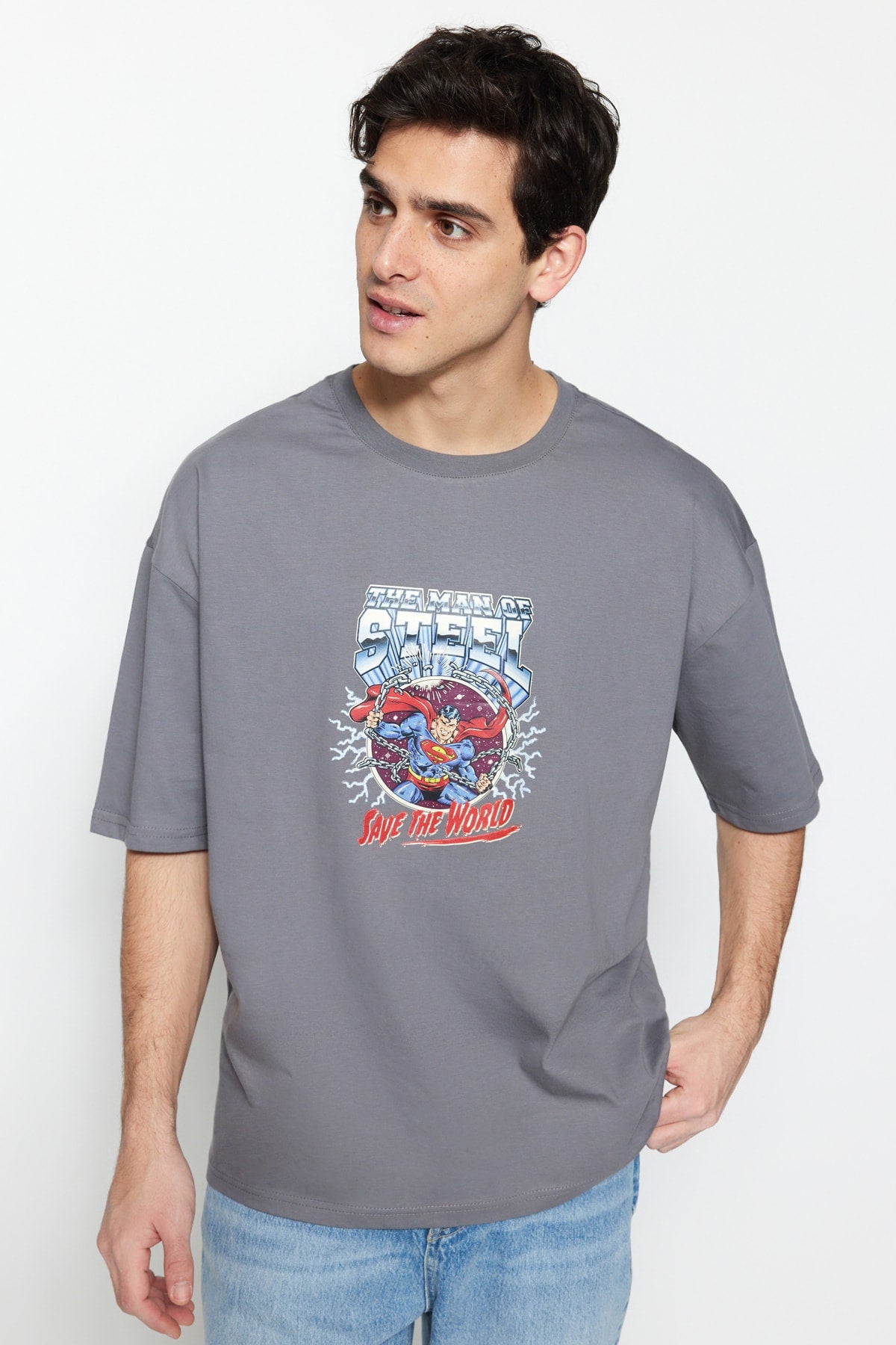 Anthracite Men'S Oversize Crew Neck Short Sleeve Printed Superman Printed Licensed T-Shirt