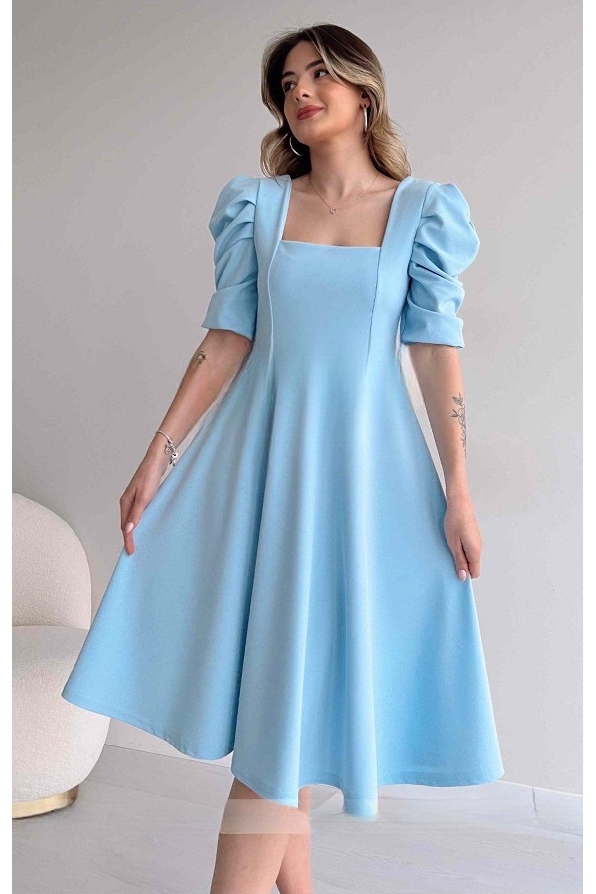 Women's Crepe Fabric Short Sleeve Square Collar Midi Length Flared Cut Baby Blue Dress - Swordslife