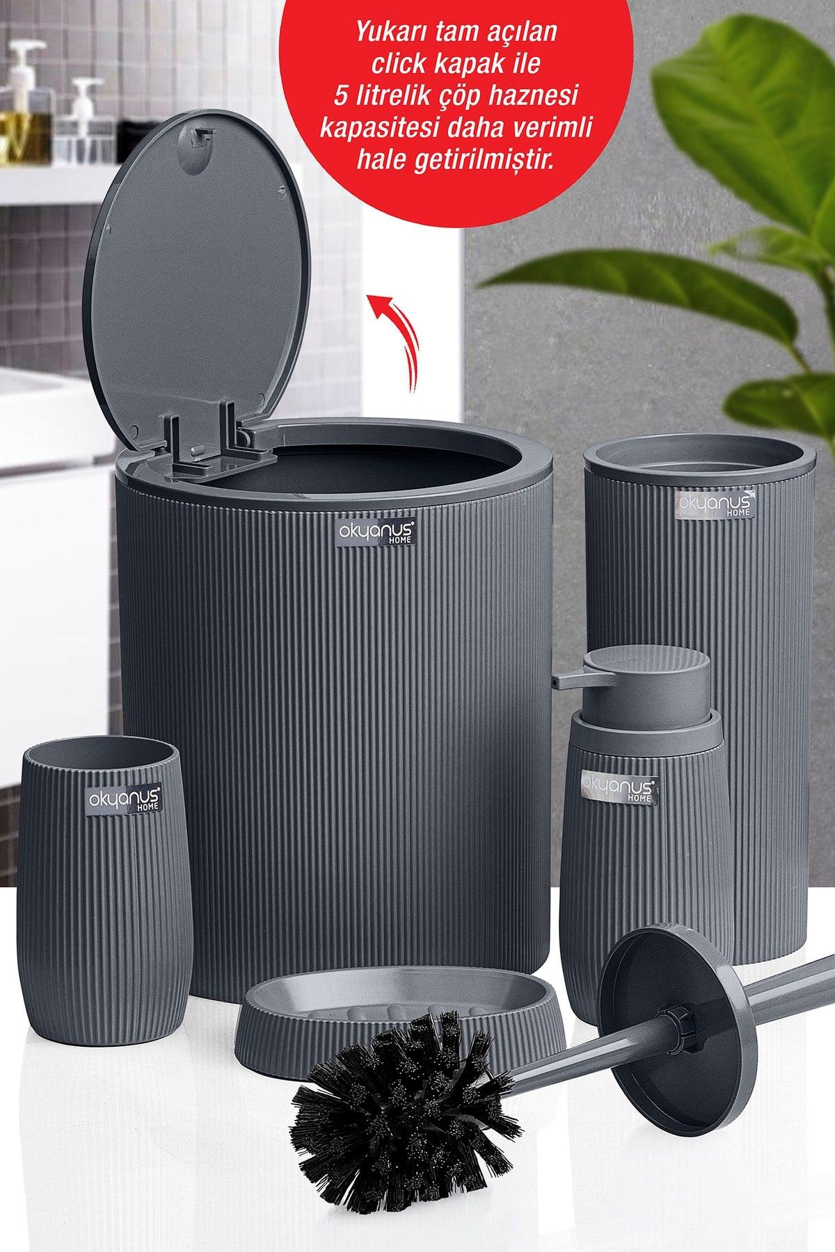 Anthracite Striped Round 5 Piece Bathroom Set - Swordslife