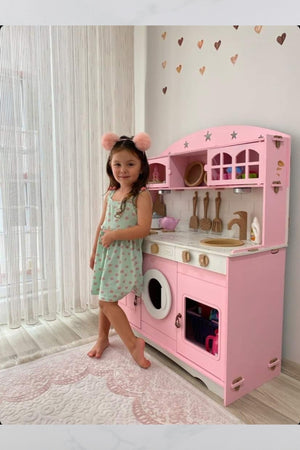 Painted Wooden Toy Kitchen Service Set And 1 Led Lighting Gift