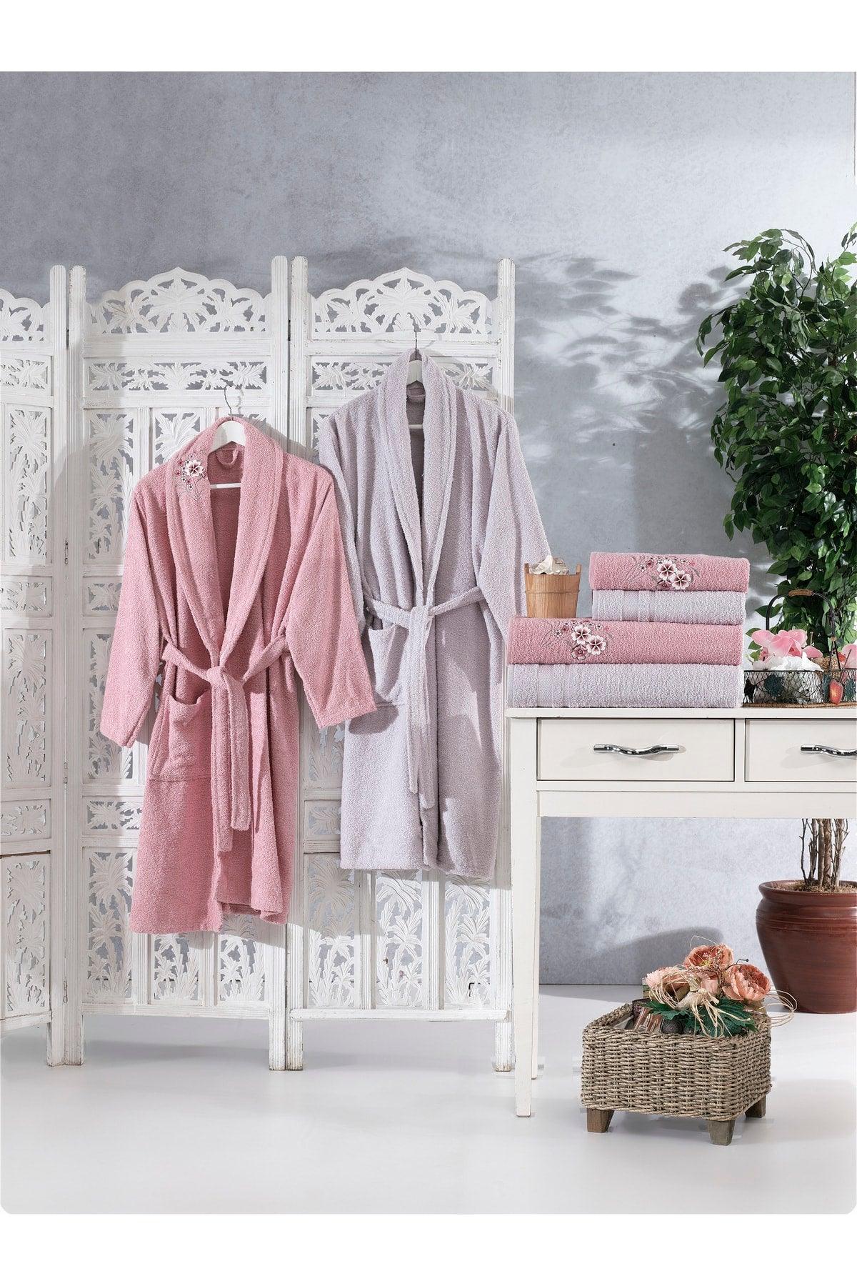 Family Embroidered Powder & Lilac Family Bathrobe Set 6 Pieces Dowry Women Men Bathrobes Bath Towel Set - Swordslife