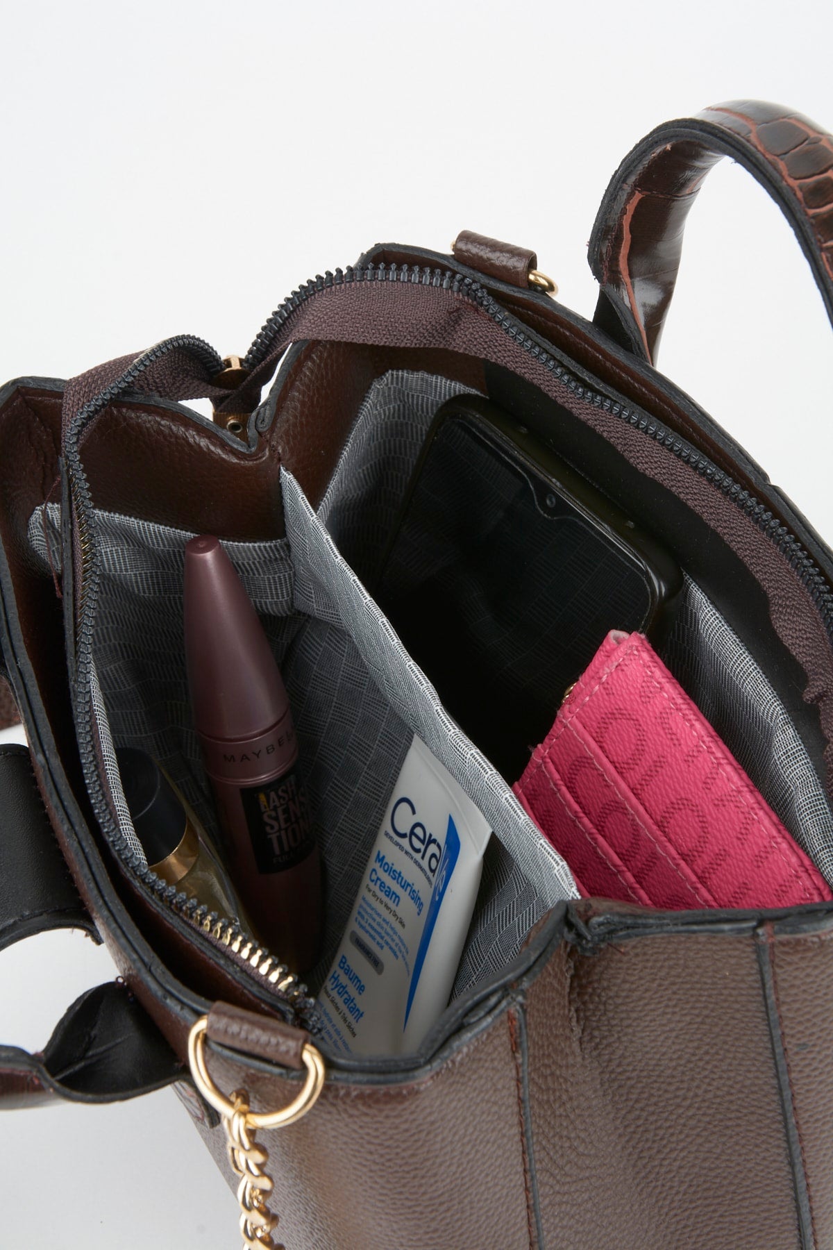 Women'S Bitter Brown Croco Handle 2 Compartment Snap Zipper Closure Hand And Shoulder Bag With Strap