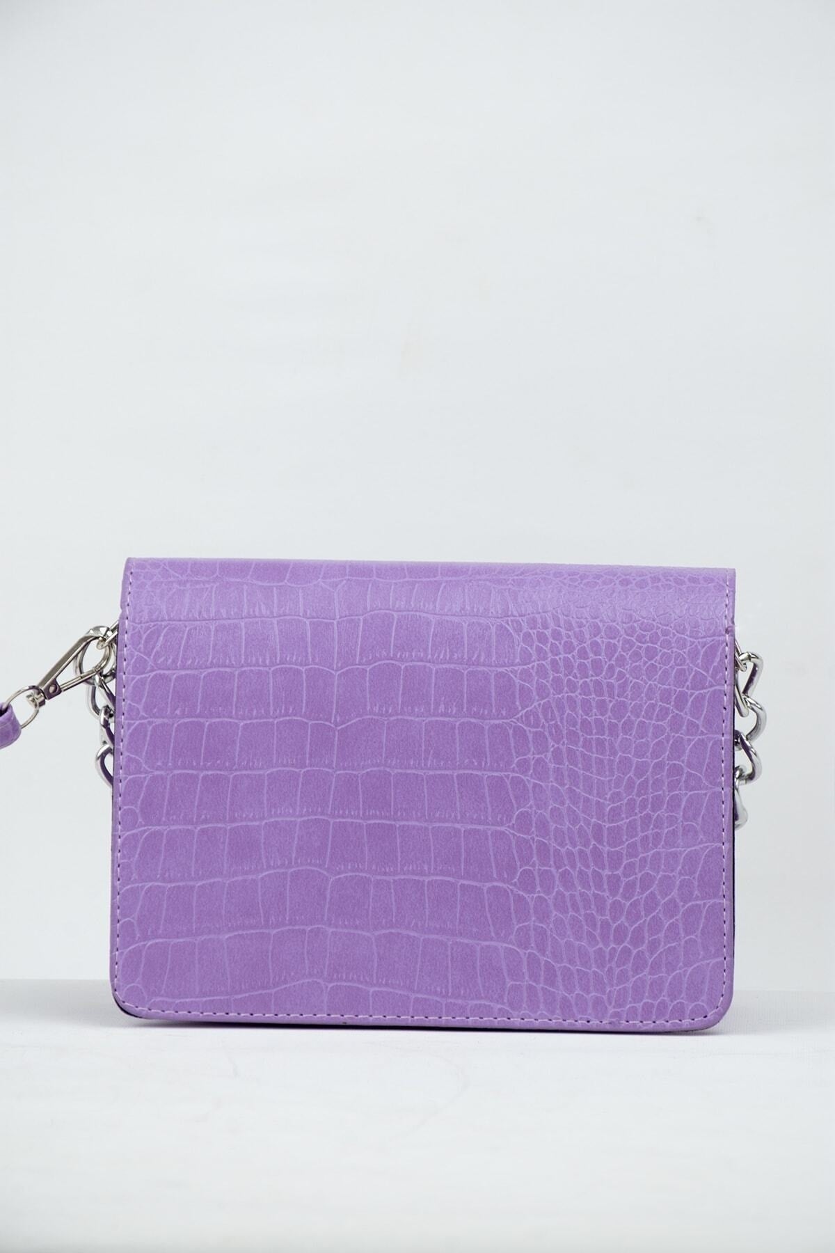 Lilac Women Crocodile Patterned Clutch Baguette Chain Strap Bag