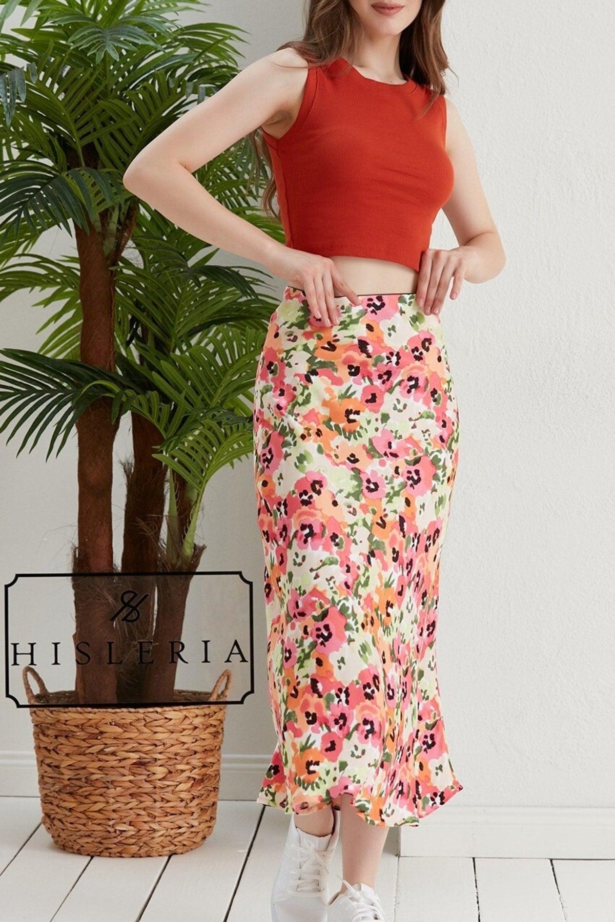 Floral Pattern Viscose Satin Midi Length Skirt -pink Flower - Swordslife