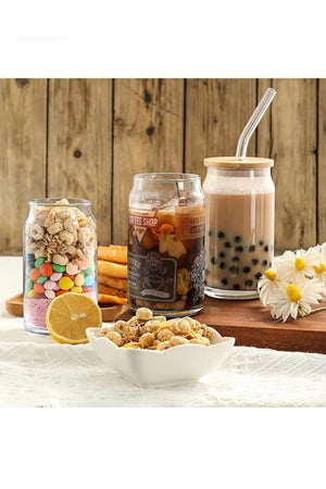 Pieces Heat-Resistant Glass Straw, Wooden Lid, Coffee Juice Cup And 1 Brush