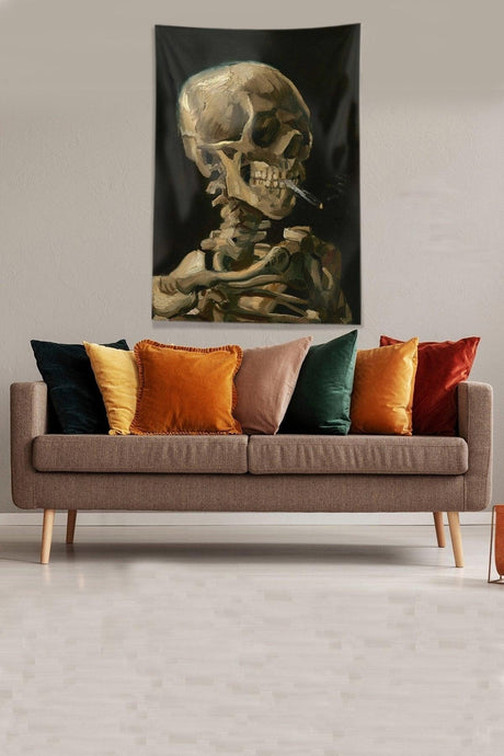 Black Smoking Skeleton Stain Resistant Velvet Fabric Wall Covering Tapestry Tapestry - Swordslife