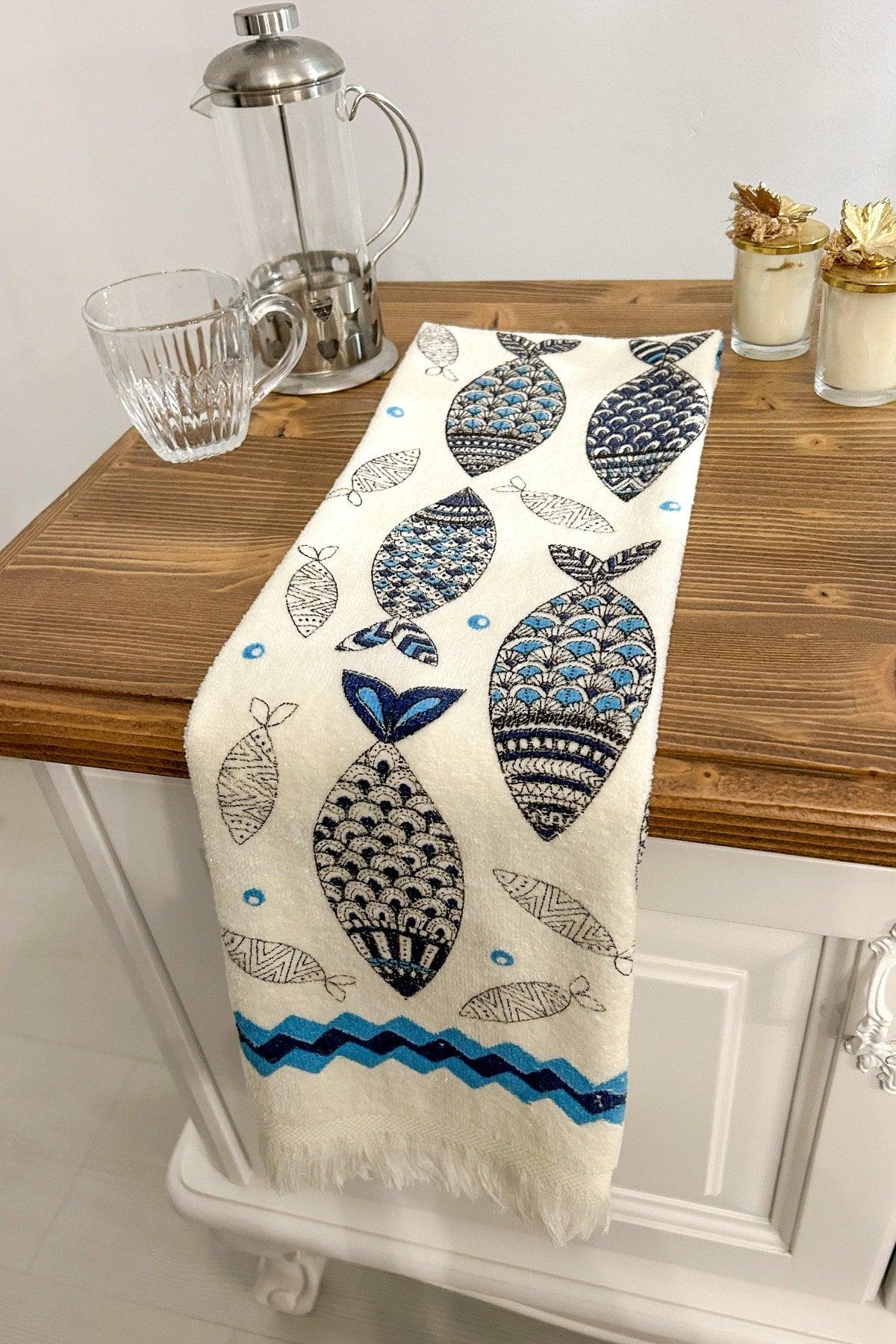 5 Piece Fringed Cotton 40x60 cm Printed Towel Set Hand Face Kitchen Towel Soft Patterned Water Absorbent Set - Swordslife