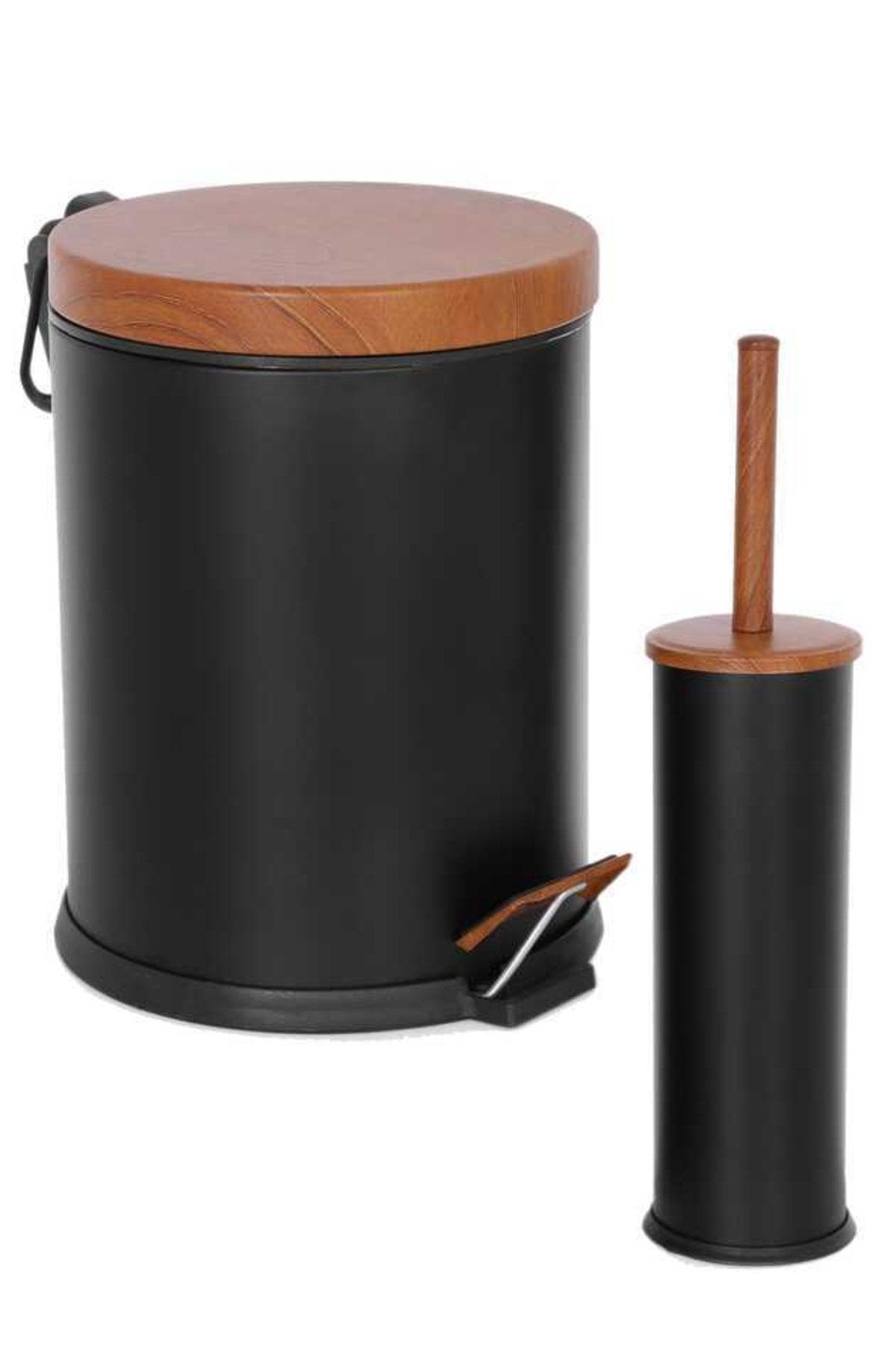 2 Liter Bathroom Set 5 Lt Black Dustbin with Wooden Lid Shock Absorber Lid - Swordslife