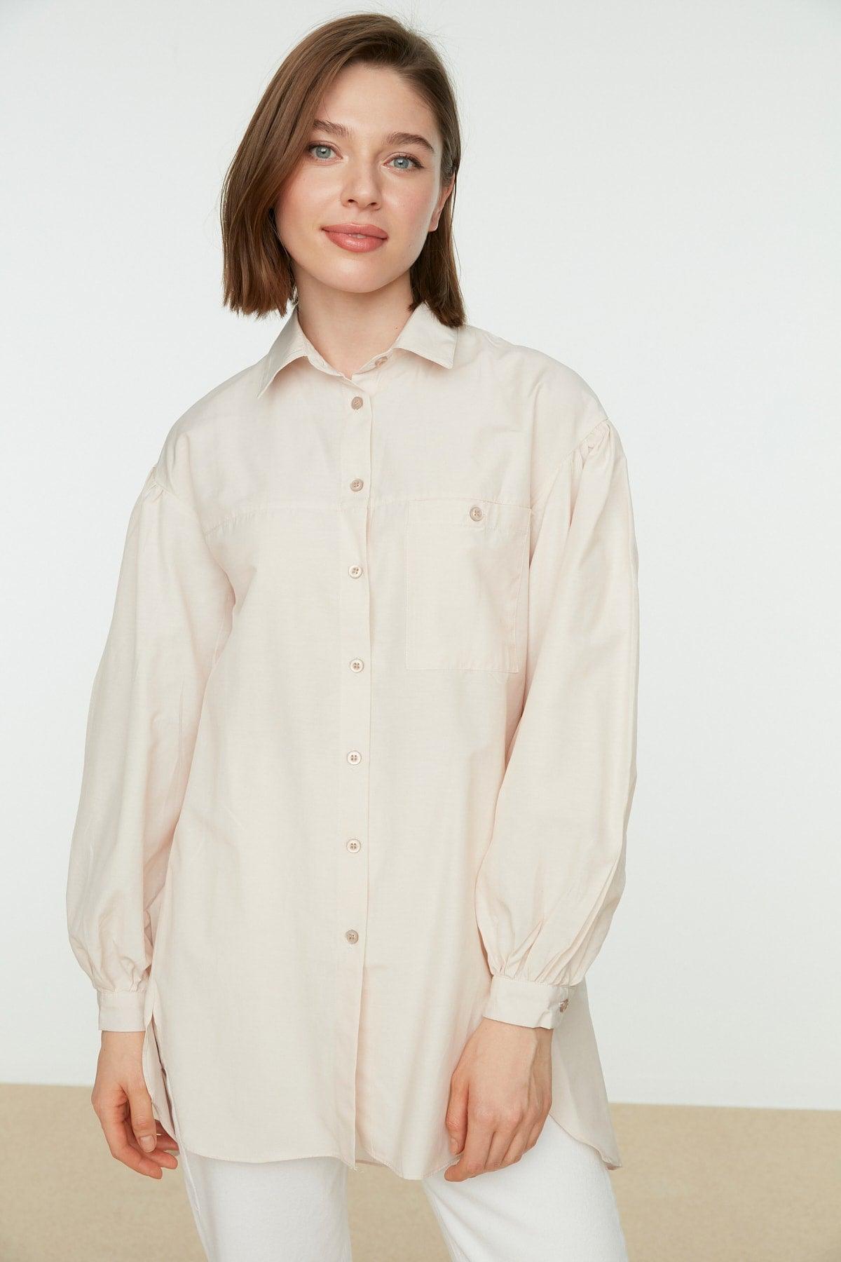 Stone Balloon Back Sleeve Long Pocket Detailed Basic Woven Shirt TCTSS21GO0976 - Swordslife