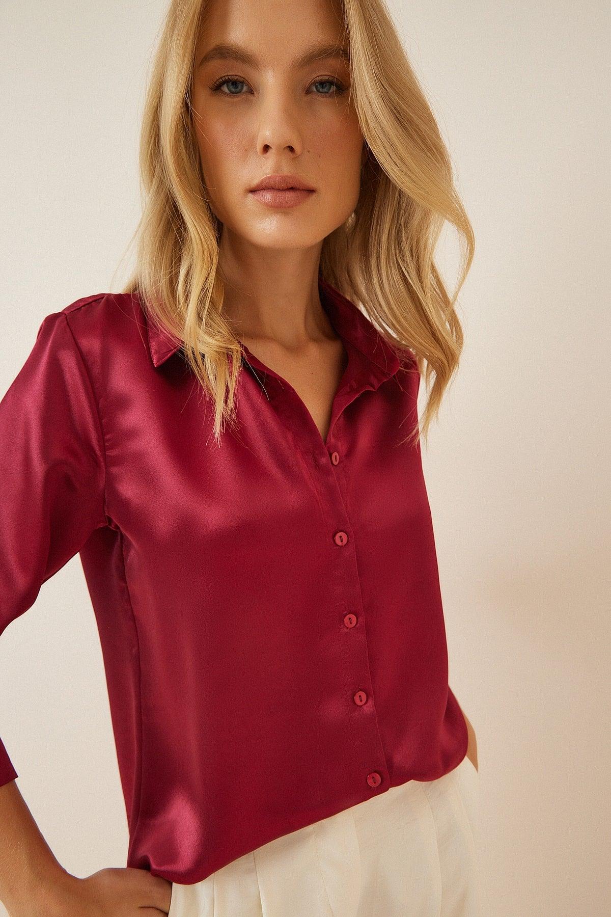 Women's Claret Red Lightly Flowy Satin Shirt DD00990 - Swordslife