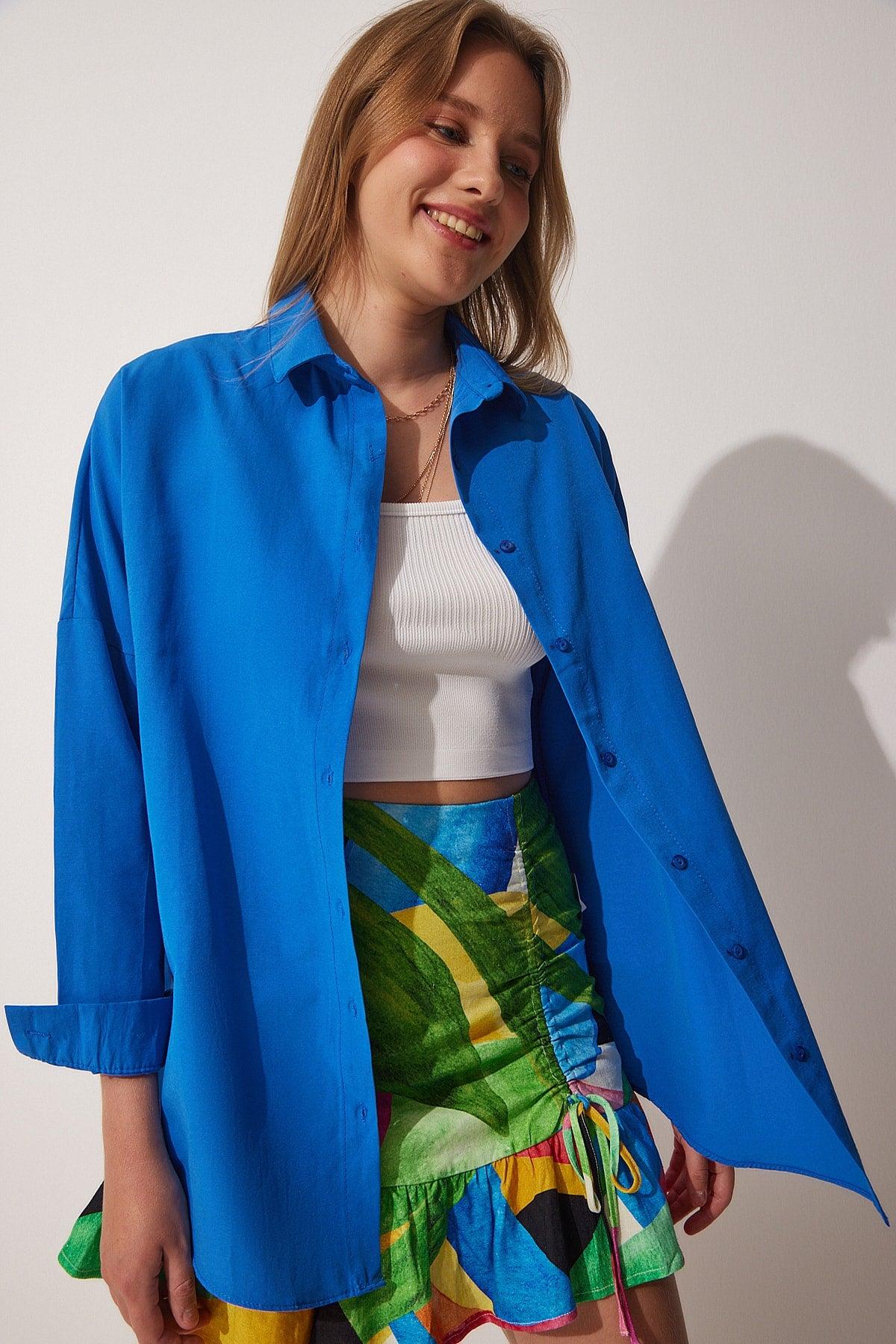 Women's Vivid Blue Oversize Long Basic Shirt DD00842 - Swordslife