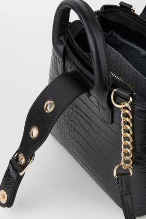 Women'S Black Faux Leather Croco Patterned Strap Snaps Zipper Closure Hand And Shoulder Bag