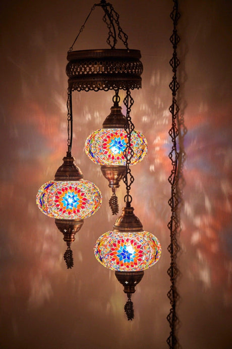 3 Authentic Ottoman Mosaic Colored Glass Pendant Lamp Chandelier, 3 Large Glass, Multi Colored Multicolor - Swordslife