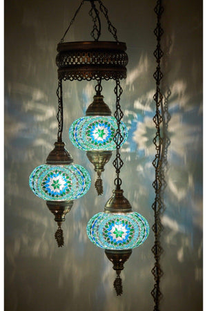 3 Authentic Ottoman Mosaic Colored Glass Pendant Lamp Chandelier, 3 Large Glass, Turquoise - Swordslife