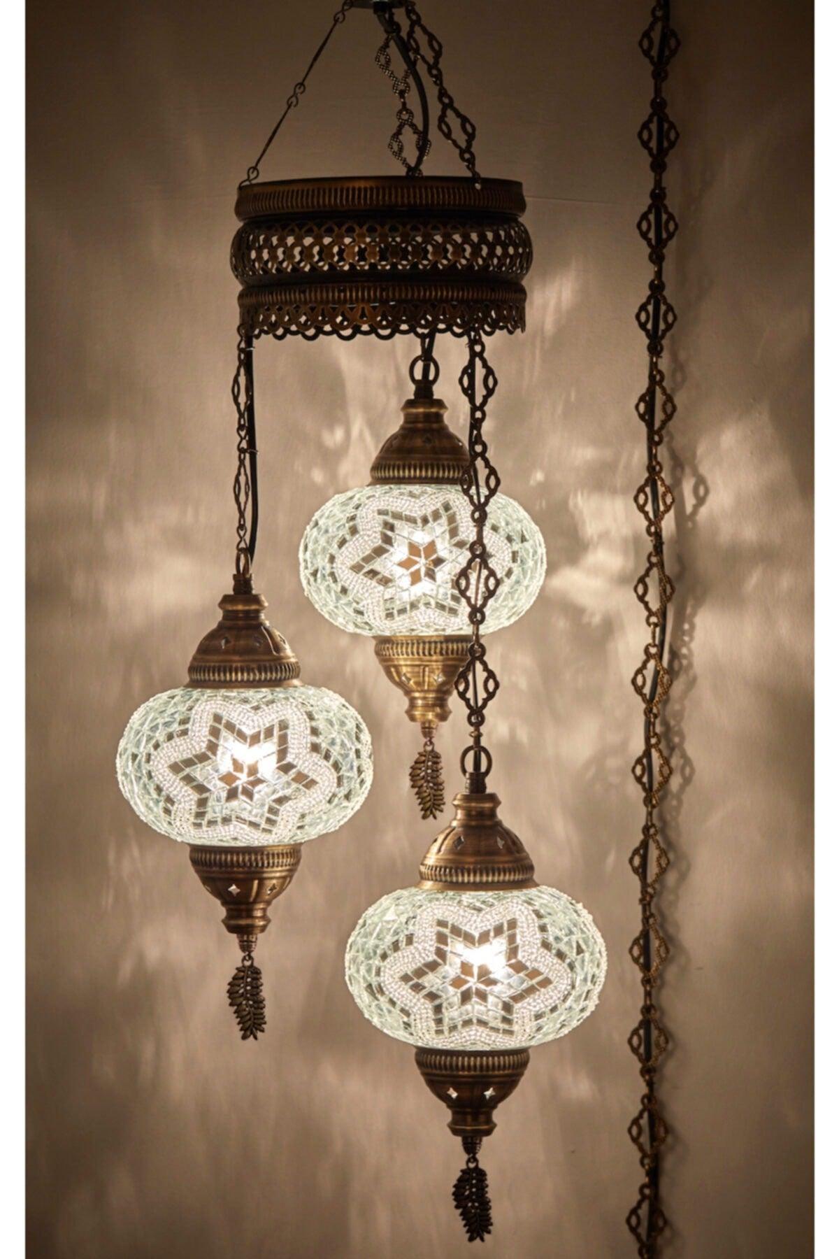 3 Authentic Ottoman Mosaic Colored Glass Pendant Lamp Chandelier, 3 Large Glass, White - Swordslife