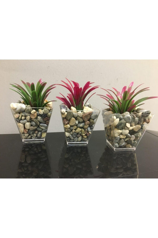 Artificial Greenery Red in 3 Pebble Pots 6cm X 10 Cm - Swordslife