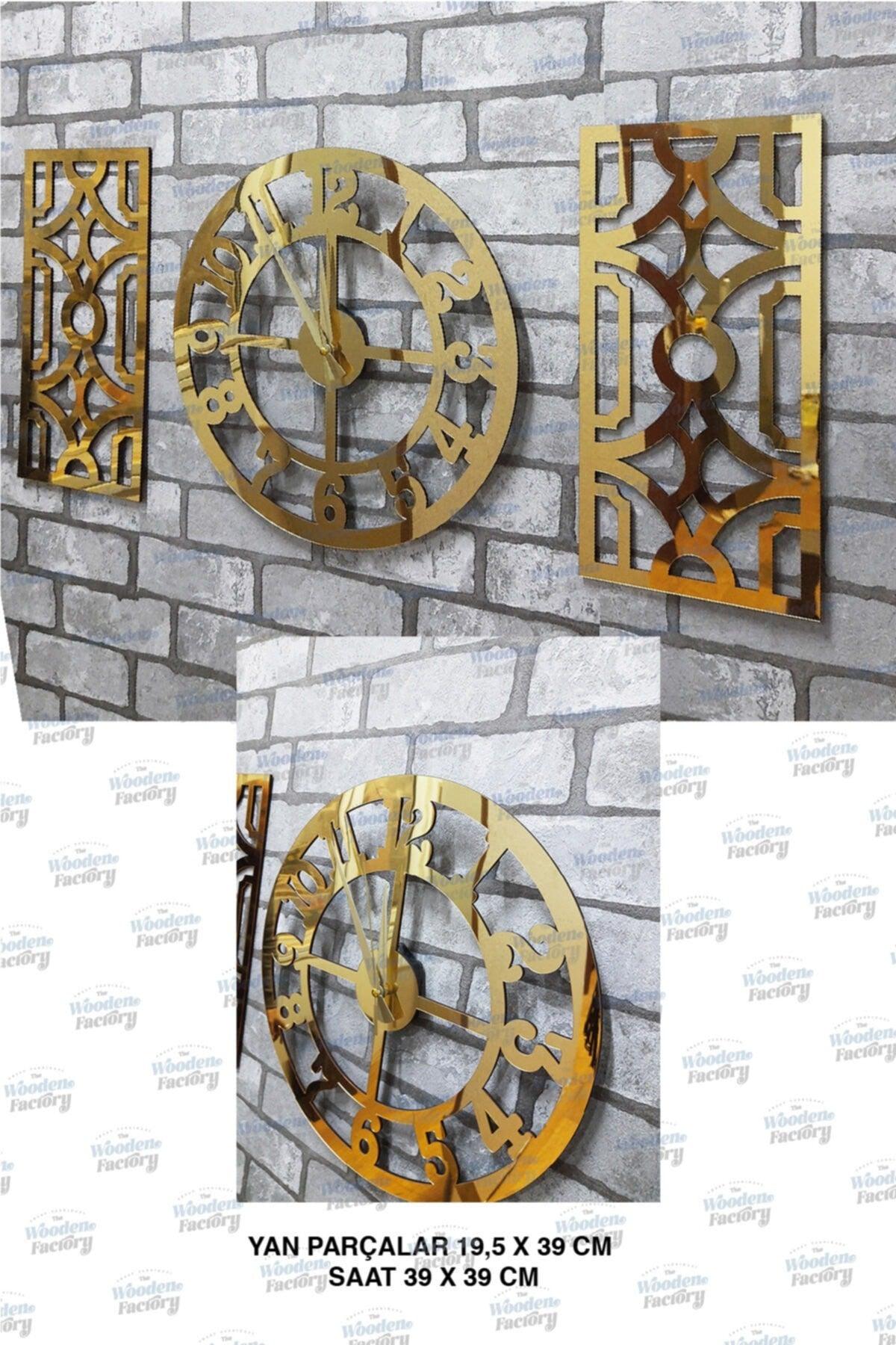 Triple Wall Clock And Decor Turkish Numeral Mirrored Plexiglass Clock On Mdf 40x40 cm Side Decor 19x42cm Gold - Swordslife