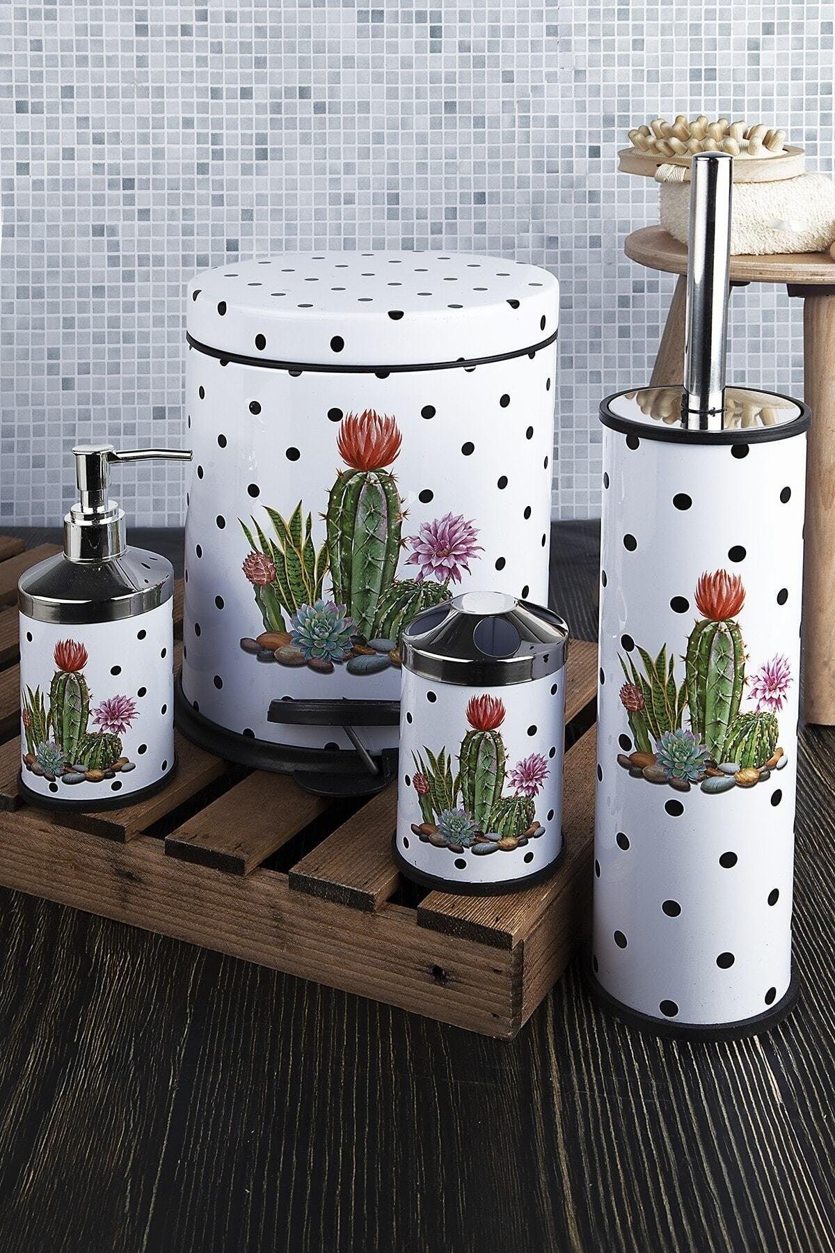 4 Piece Bathroom Set Cactus Patterned White - M2 - Swordslife