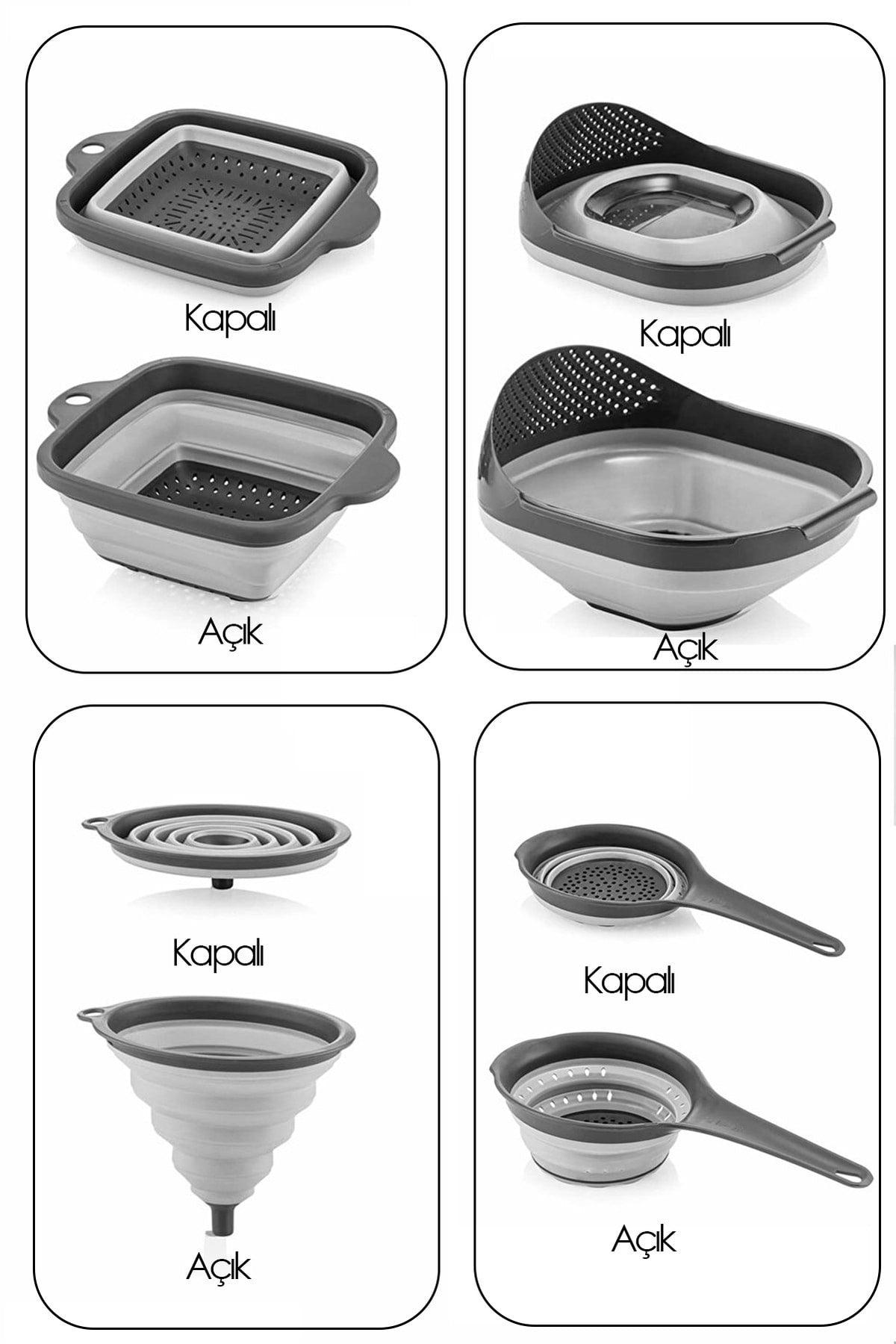 Set of 4 Accordion Folding Strainers - Kitchen Dowery Set (Brass Strainer with accordion Handle Funnel Gray) - Swordslife