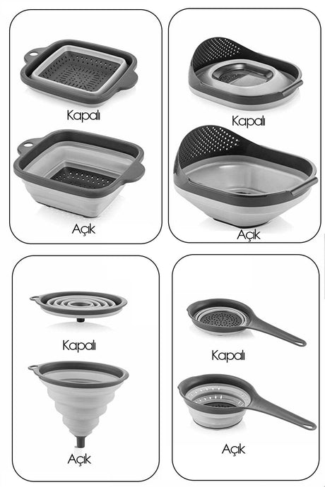 Set of 4 Accordion Folding Strainers - Kitchen Dowery Set (Brass Strainer with accordion Handle Funnel Gray) - Swordslife